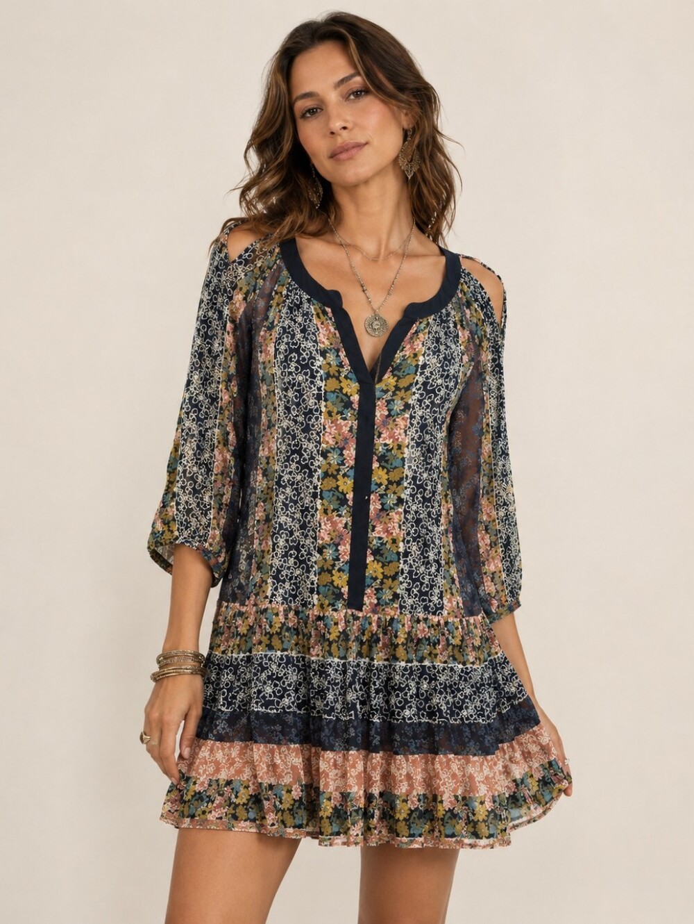 Boho Floral Ruffle Cold Shoulder Dress Black Blue Peach Green Size S